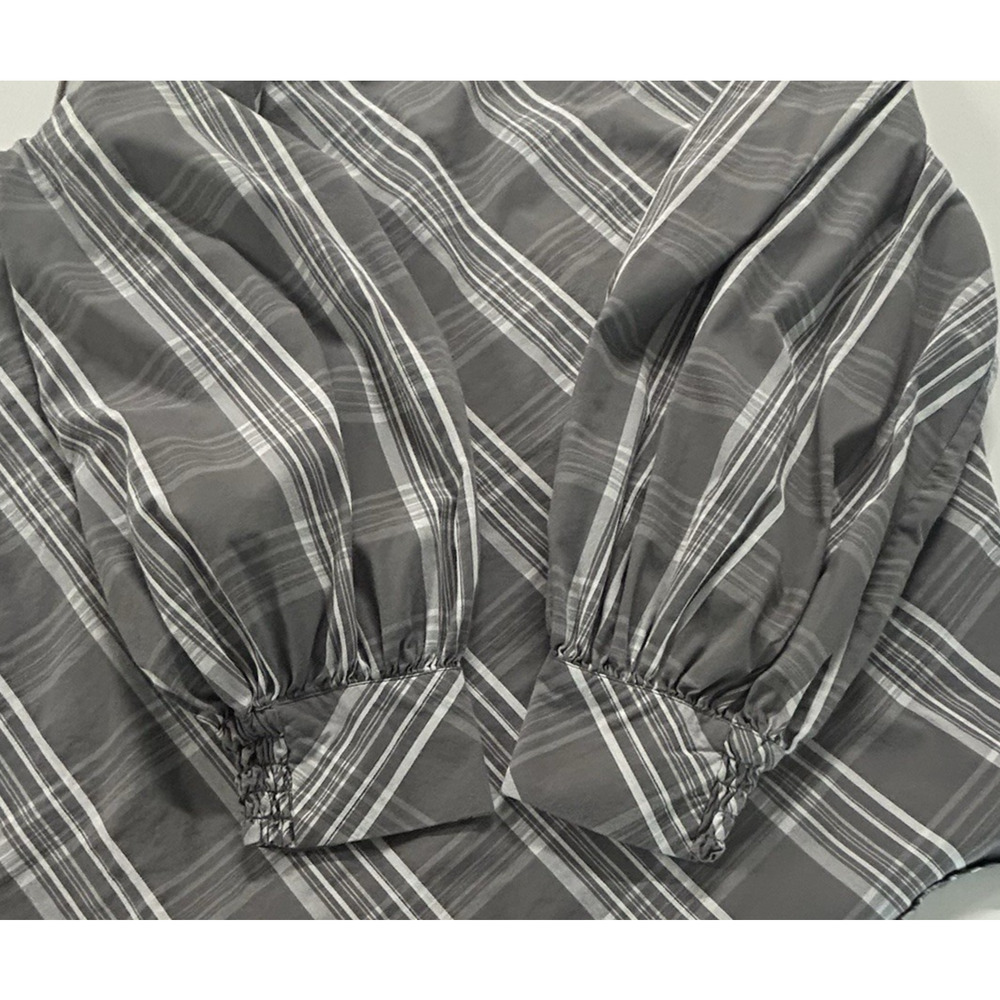 Chicos Top Womens XL 3 Gray‎ White Button Up Billow Balloon Sleeve Poplin Plaid - Picture 11 of 12